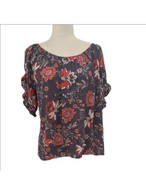 LoFT Beautiful Floral Blouse - Charcoal and Scarlet Flowy Comfy Boho L